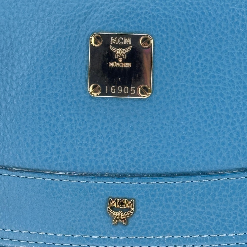 MCM Blue Pebbled Leather Studded Flap Crossbody Messenger Hobo Bag Gold Hardware - Picture 5 of 16